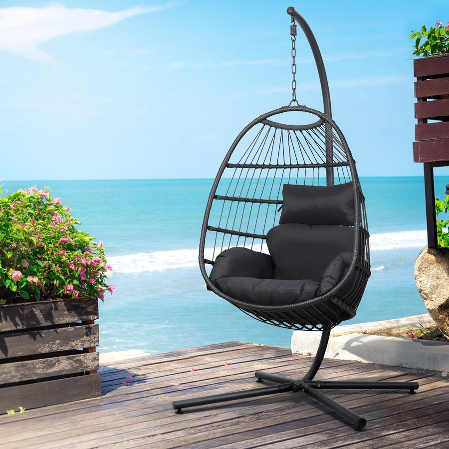 Egg Swing Chair Hammock Outdoor Furniture Hanging Wicker Seat - Black