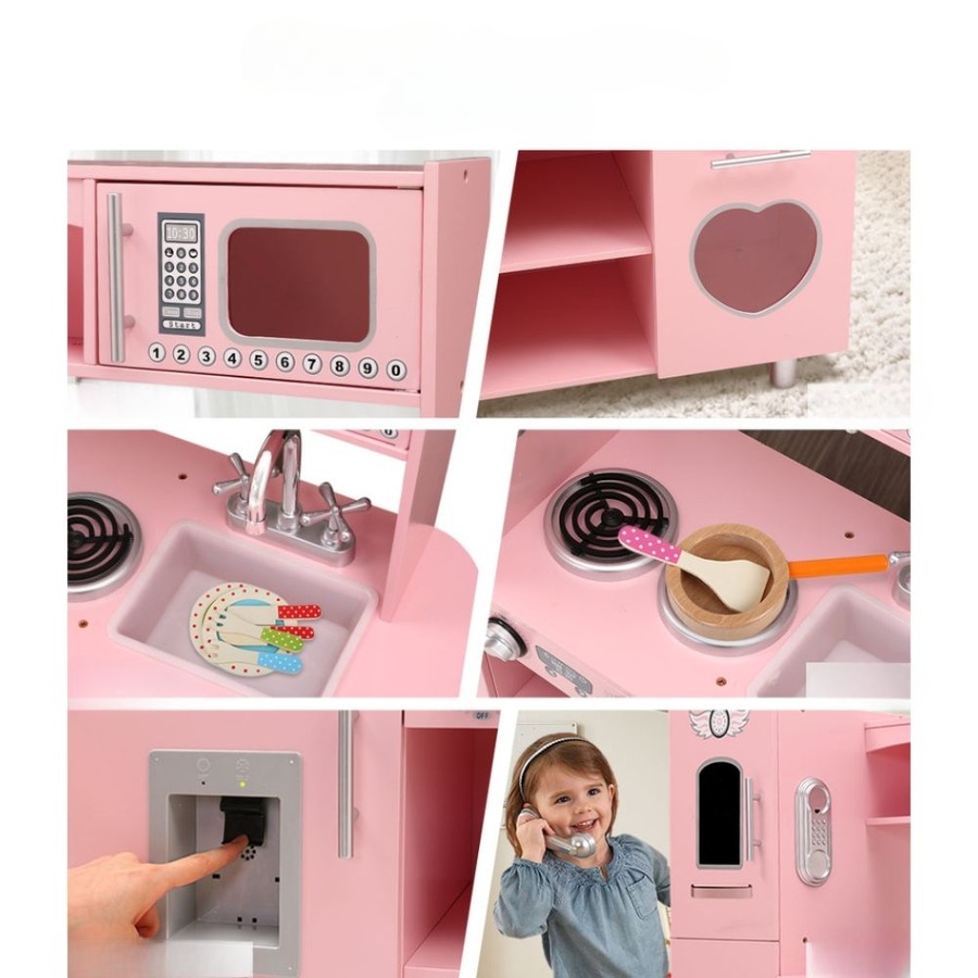 Kids Wooden Kitchen Pretend Play Cooking Toys Set - Pink