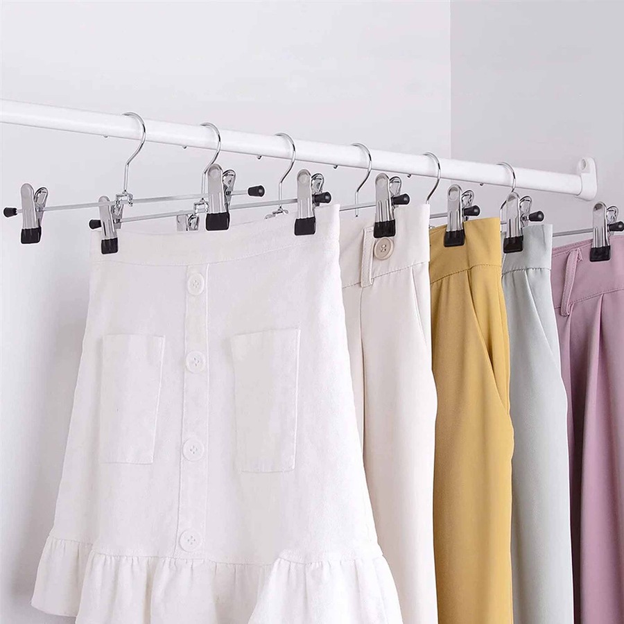 Metal Clothes Hangers with Skirt Clips Adjustable Coat Pant Rack - 10pcs