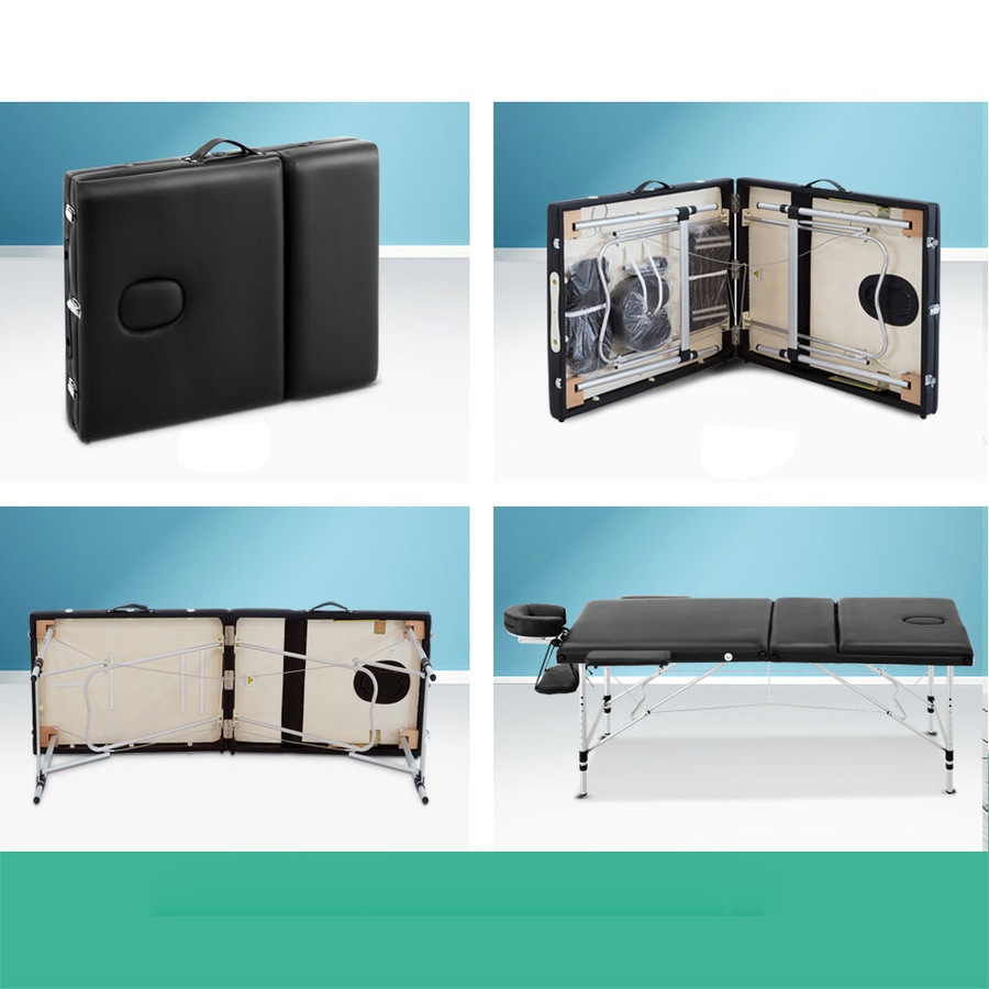Portable 3 Fold Aluminum Massage Table - Black