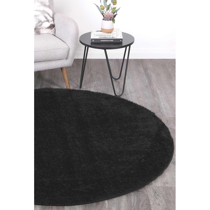 Buy Power Loomed Puffy Soft Shaggy Round Rug Black MyDeal