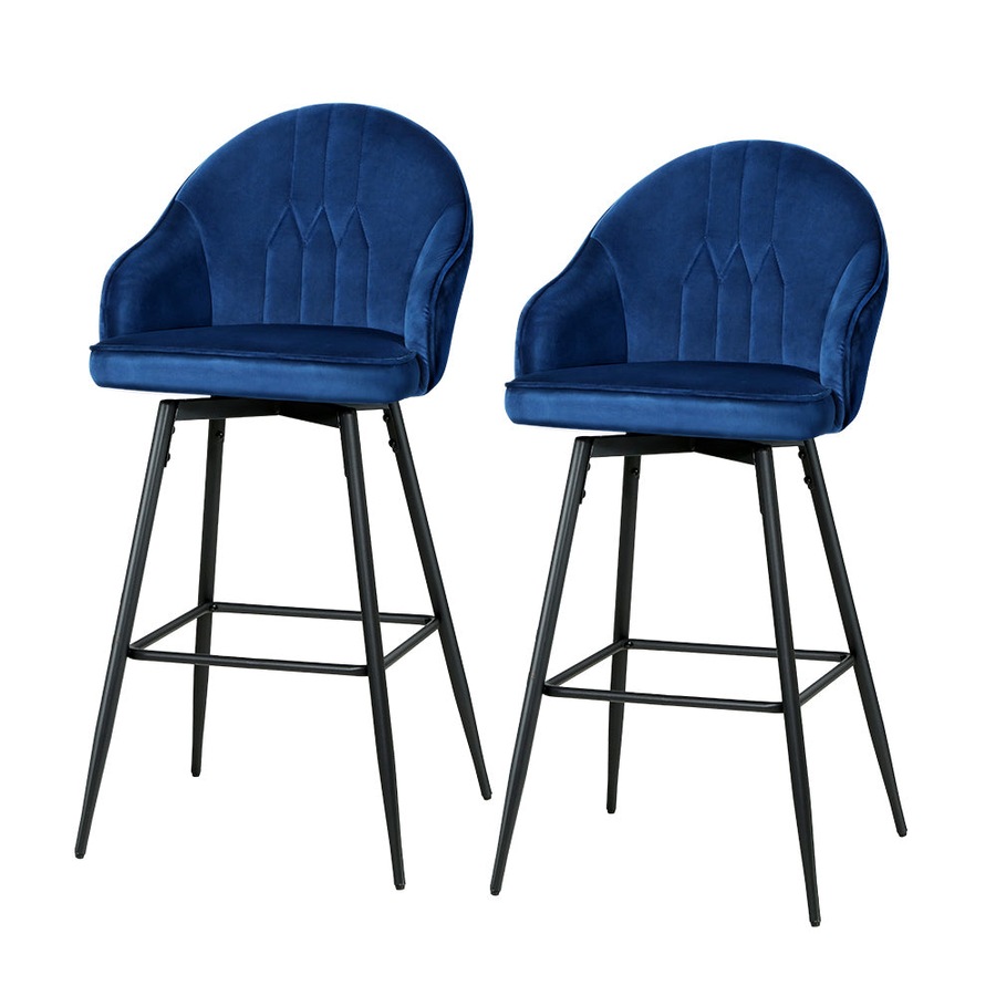 Set of 2 Bar Stools Kitchen Stool Dining Chairs Velvet Chair Barstool Blue