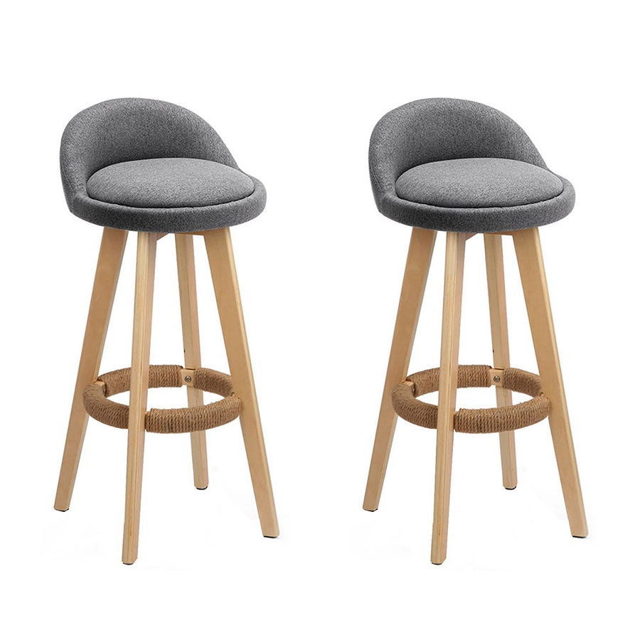 Fabric Bar Stools - Grey and Wood - Set of 2