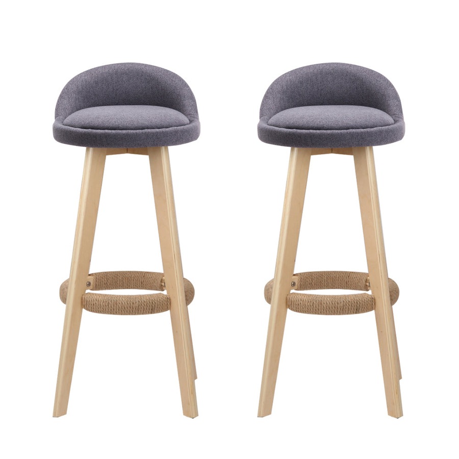 Fabric Bar Stools - Grey and Wood - Set of 2