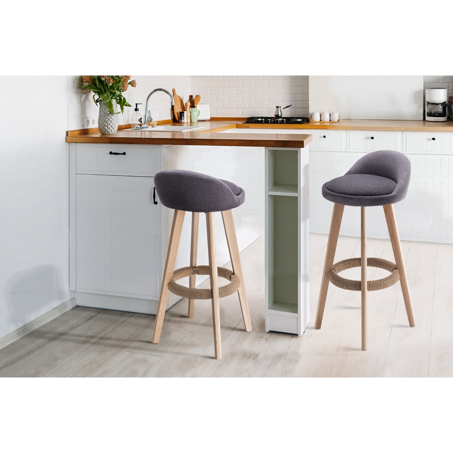Fabric Bar Stools - Grey and Wood - Set of 2