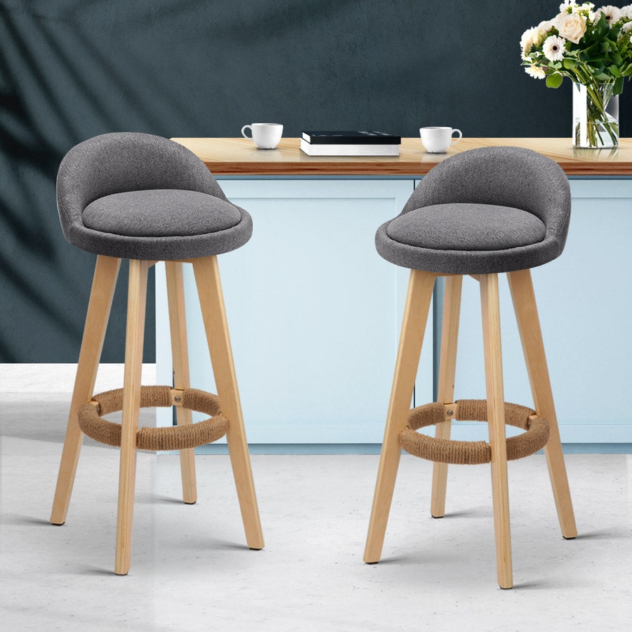 Fabric Bar Stools - Grey and Wood - Set of 2