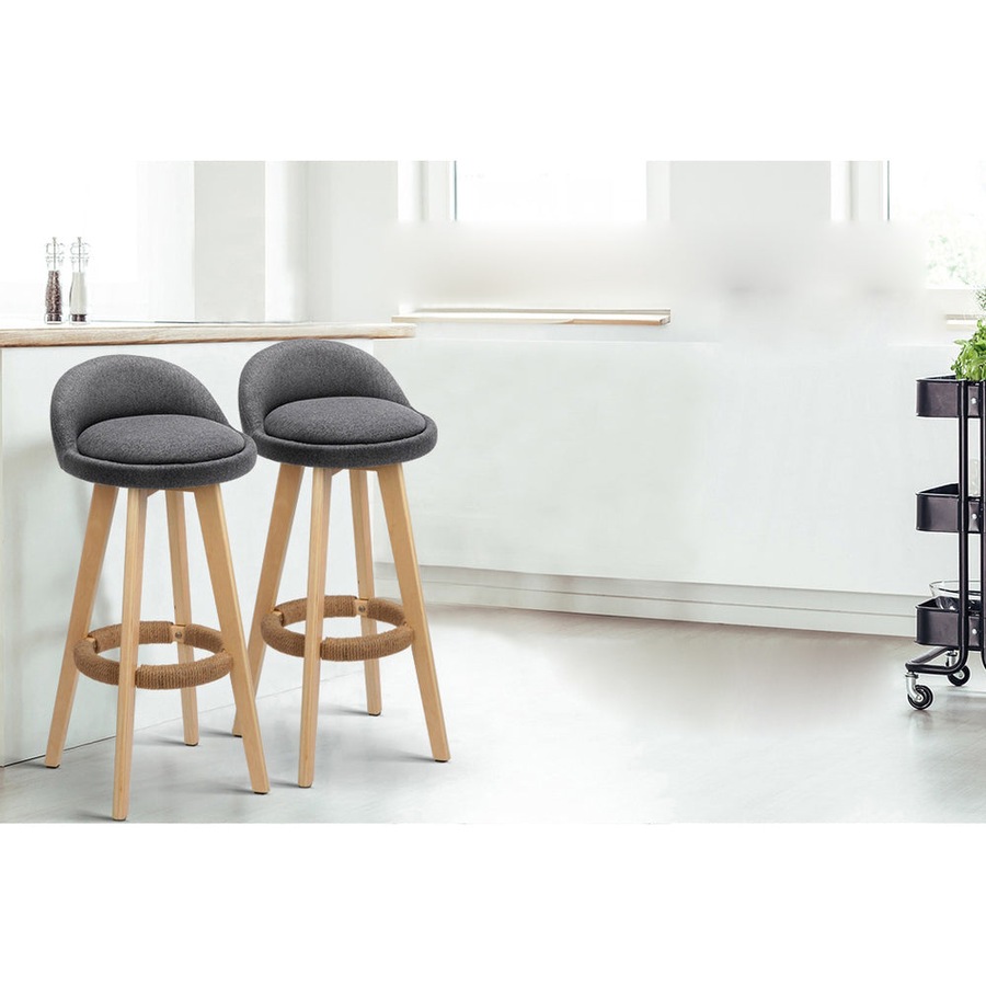 Fabric Bar Stools - Grey and Wood - Set of 2