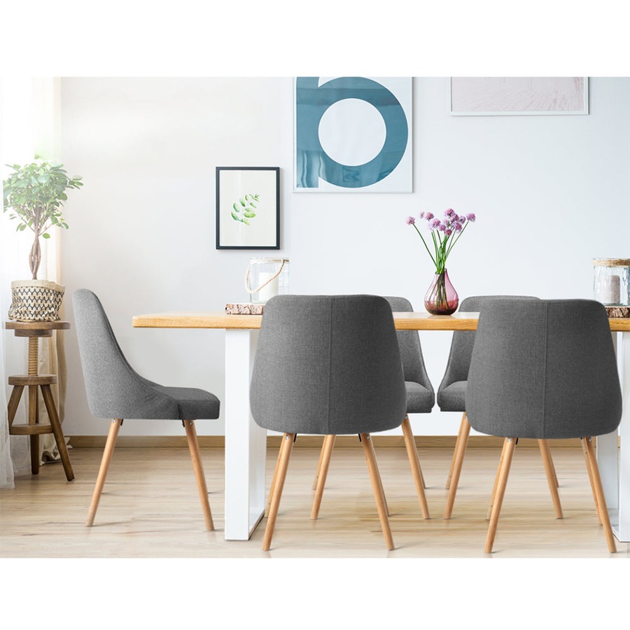 Set of 2 Replica Dining Chairs Beech Wooden Timber Chair Kitchen Fabric Grey