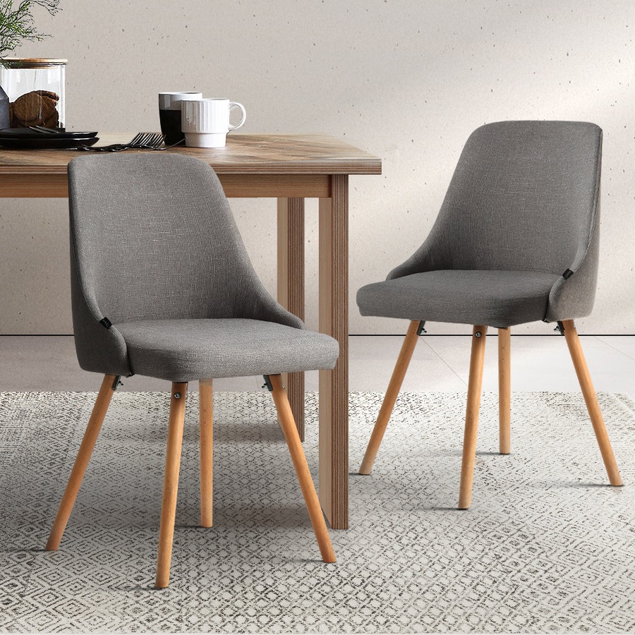 Set of 2 Replica Dining Chairs Beech Wooden Timber Chair Kitchen Fabric Grey