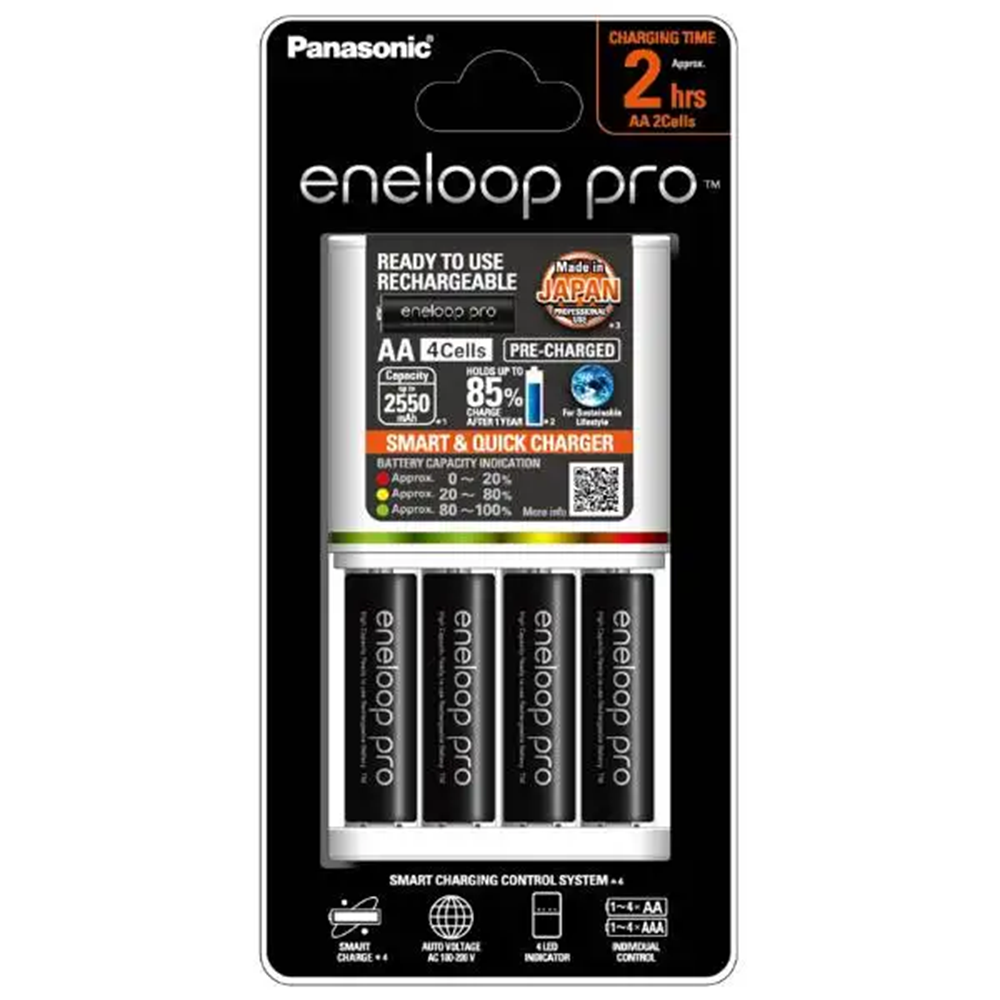 Panasonic Eneloop Quick Charger with 4x AA Pro Batteries - White