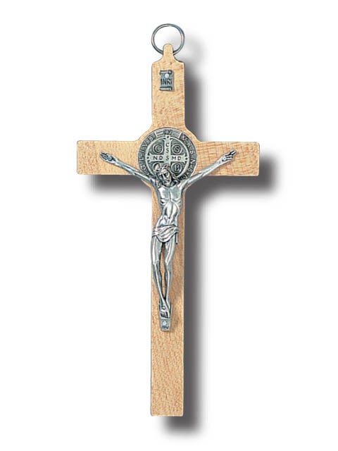 Hanging Crucifix St Benedict - 20cm x 10cm Metal & Light Wood
