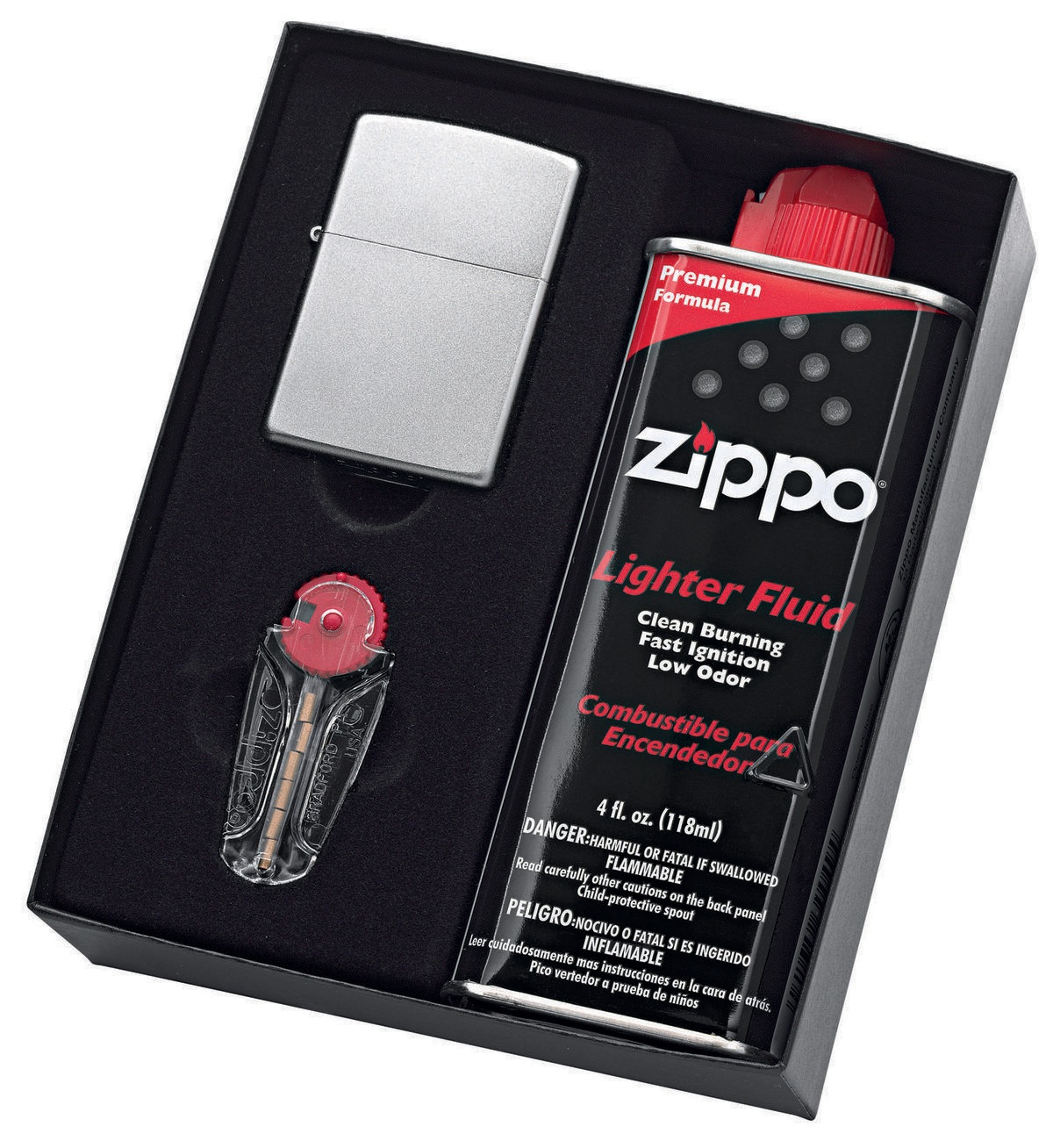 Zippo Gift Set  Lighter and Fluid Satin Chrome