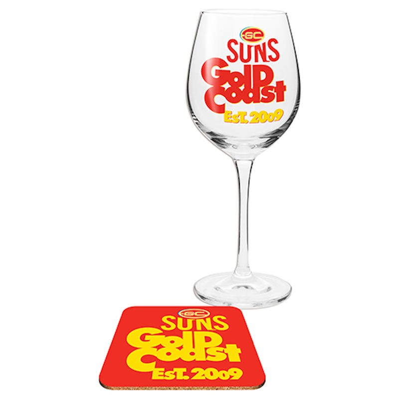 Buy Gold Coast Suns AFL Wine Glass And Coaster Set MyDeal