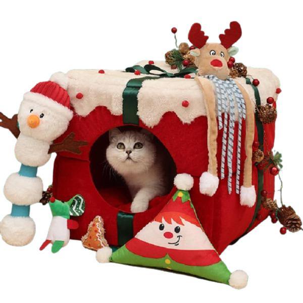 Christmas Cozy Dog Gift Box Bed