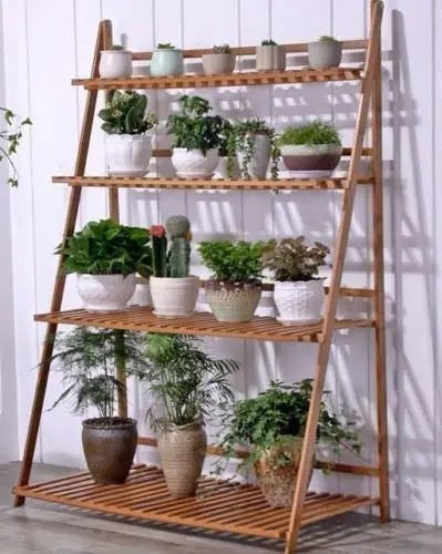 Bamboo Wooden Shelf Plant Stand Folding Multi Tier Ladder Storage Indoor Outdoor