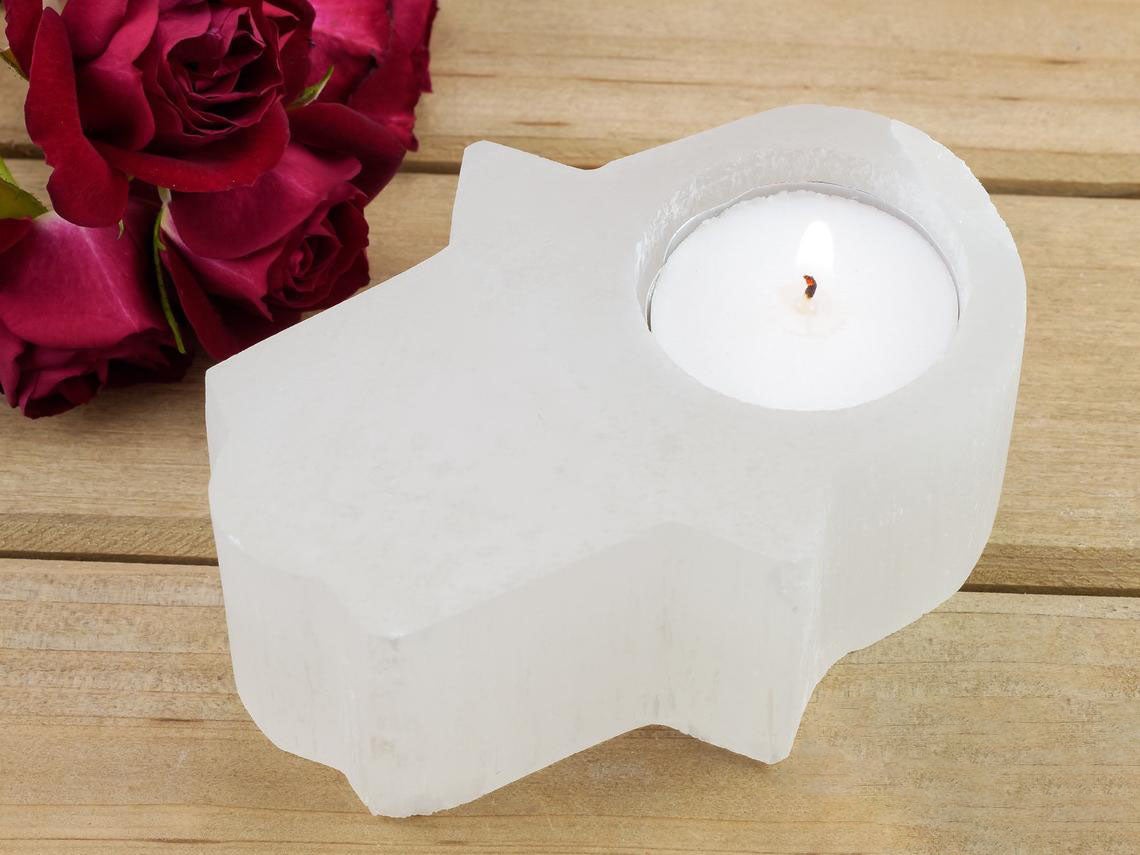Natural Selenite Heart Hamsa Candle Holder Translucent Crystal Chakra Healing 