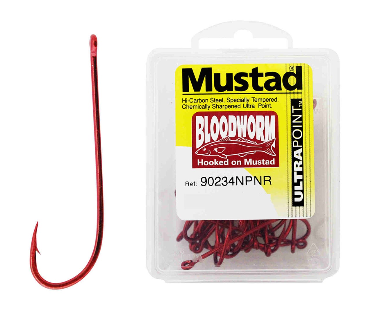 1 Box of Mustad 90234NPNR Bloodworm Chemically Sharpened Fishing Hooks
