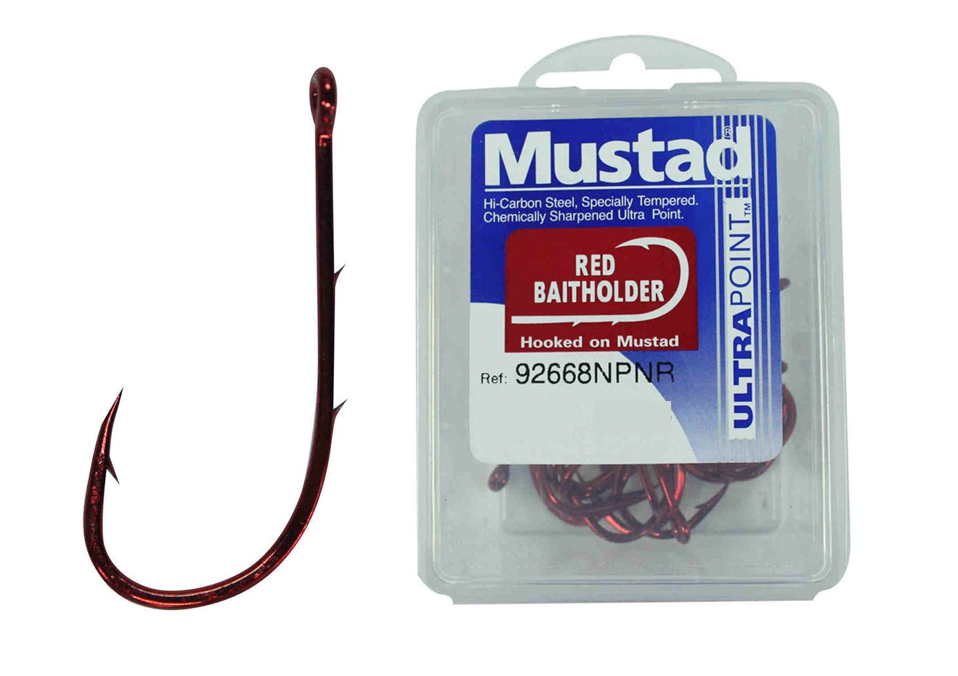 1 Box of Mustad 92668NPNR Red Baitholder Chemically Sharpened Fishing Hooks