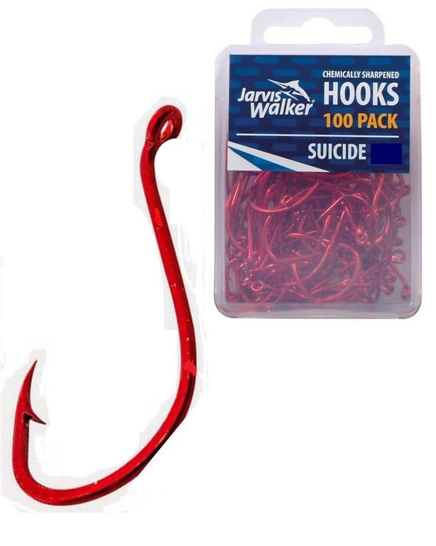 100 x Jarvis Walker Size 3/0 Suicide Hooks-Red Chemically Sharpened 100 Pce Pack