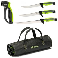 Mustad Pro Fish Filleting Kit -3 x Fishing Knives-Knife Sharpener in Roll Up Bag