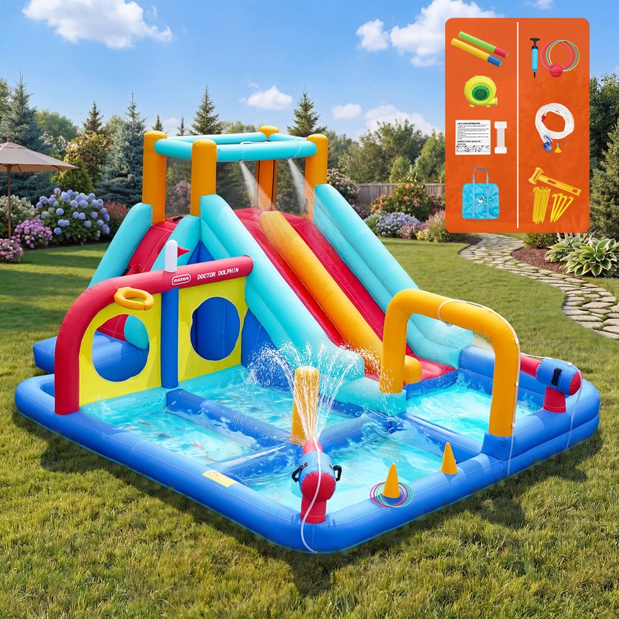 Doctor Dolphin Inflatable Water Park Bounce Castle Kids Pools House Dual Slides Blower