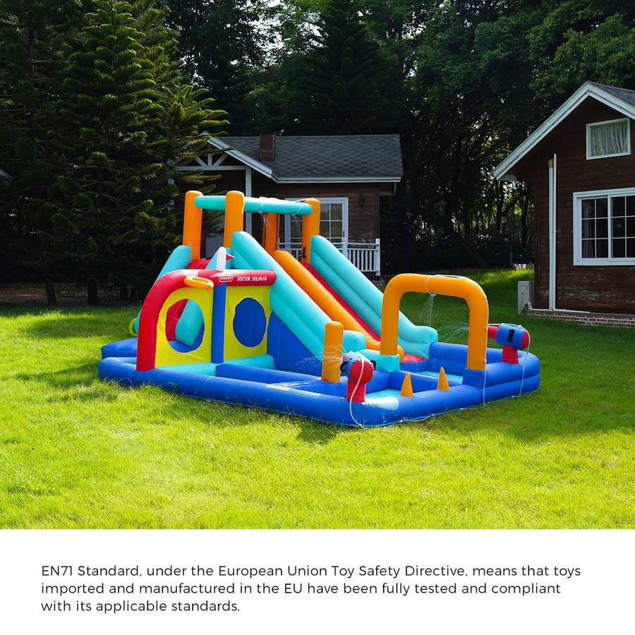 Doctor Dolphin Inflatable Water Park Bounce Castle Kids Pools House Dual Slides Blower