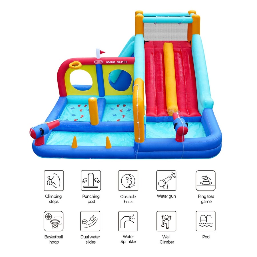 Doctor Dolphin Inflatable Water Park Bounce Castle Kids Pools House Dual Slides Blower