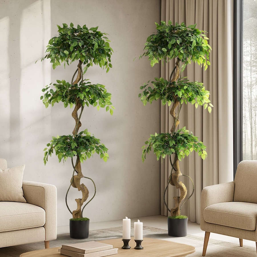 Livsip 2PCS Artificial Ficus Tree 180cm Large Twisted Ficus Faux Potted Plant