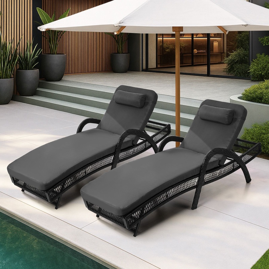 Livsip 2PCS Sun Lounge Wicker Lounger Day Bed Outdoor Furniture Grey