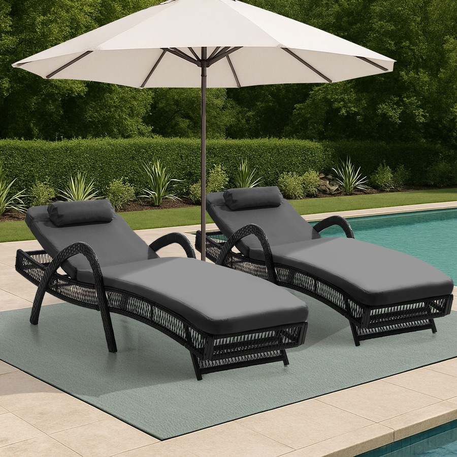 Livsip 2PCS Sun Lounge Wicker Lounger Day Bed Outdoor Furniture Grey