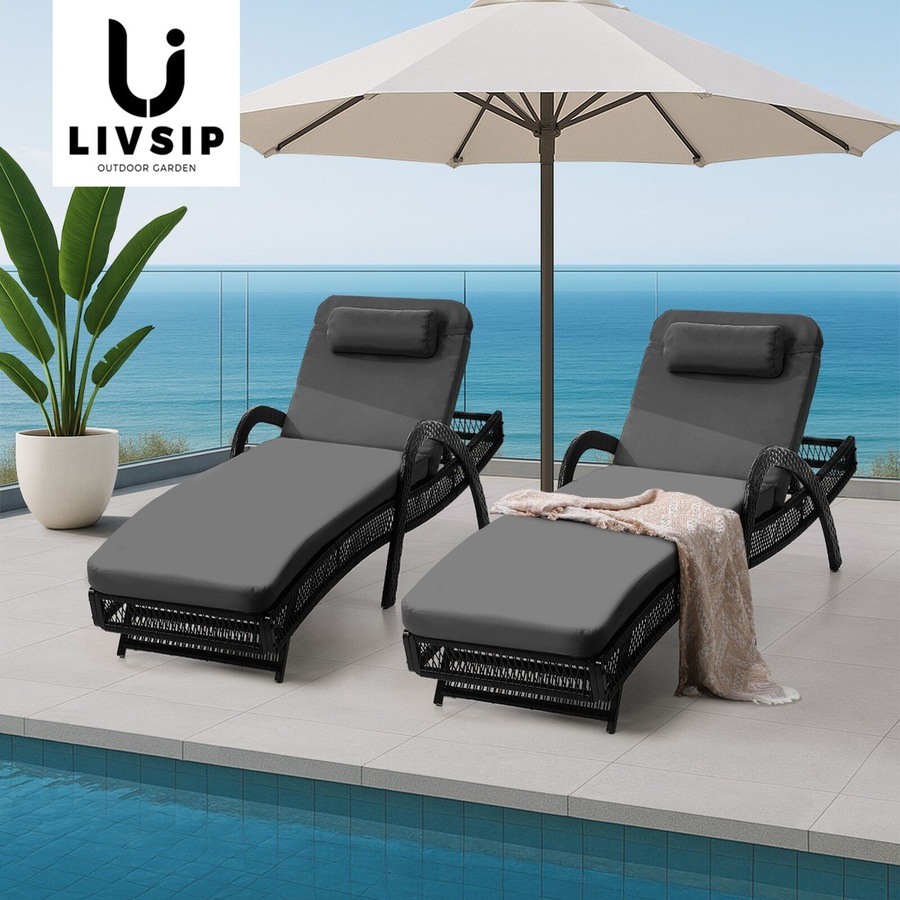 Livsip 2PCS Sun Lounge Wicker Lounger Day Bed Outdoor Furniture Grey