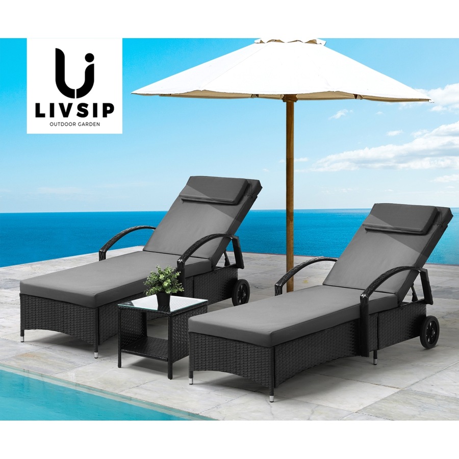 Livsip 2x Wheeled Sun Lounger Day Bed & Table Outdoor Setting Patio Furniture