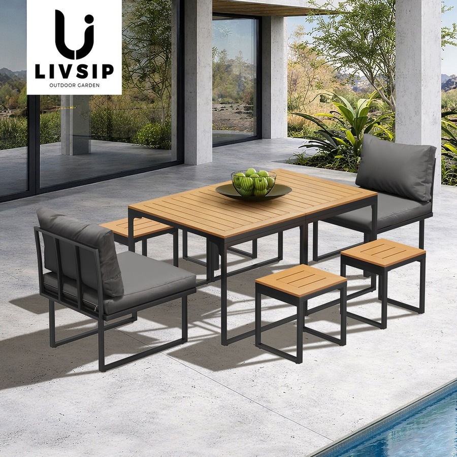 Livsip 6 Seater Outdoor Dining Set Sofa Lounge Furniture Patio Ottoman Grey