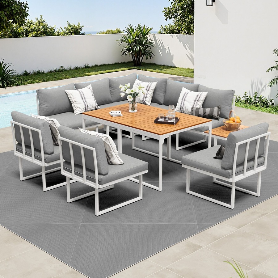 Livsip 8 Seater Outdoor Dining Sofa Set Lounge Setting Patio Garden Furniture with Side Table White