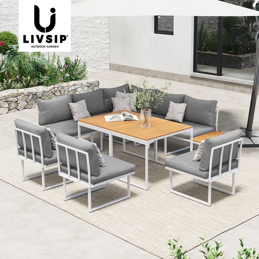 Livsip 8 Seater Outdoor Dining Sofa Set Lounge Setting Patio Garden Furniture with Side Table White