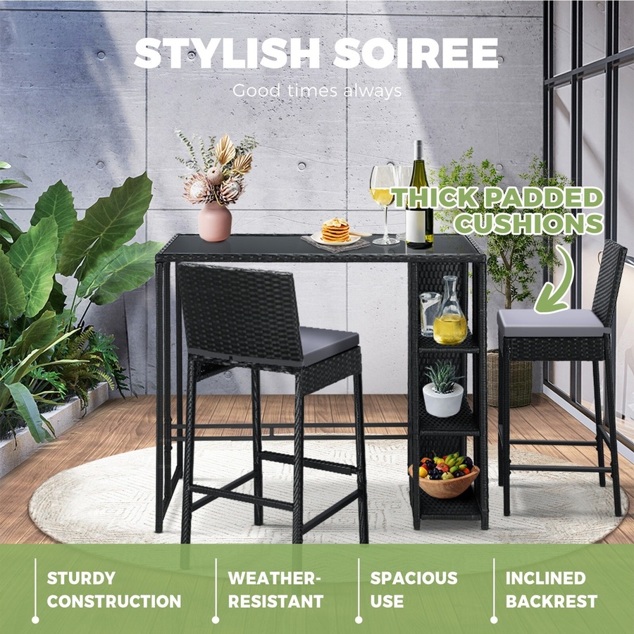 Livsip Outdoor Bar Set Table Stools 3-Piece Garden Furniture Dining Chairs Wicker Patio Setting