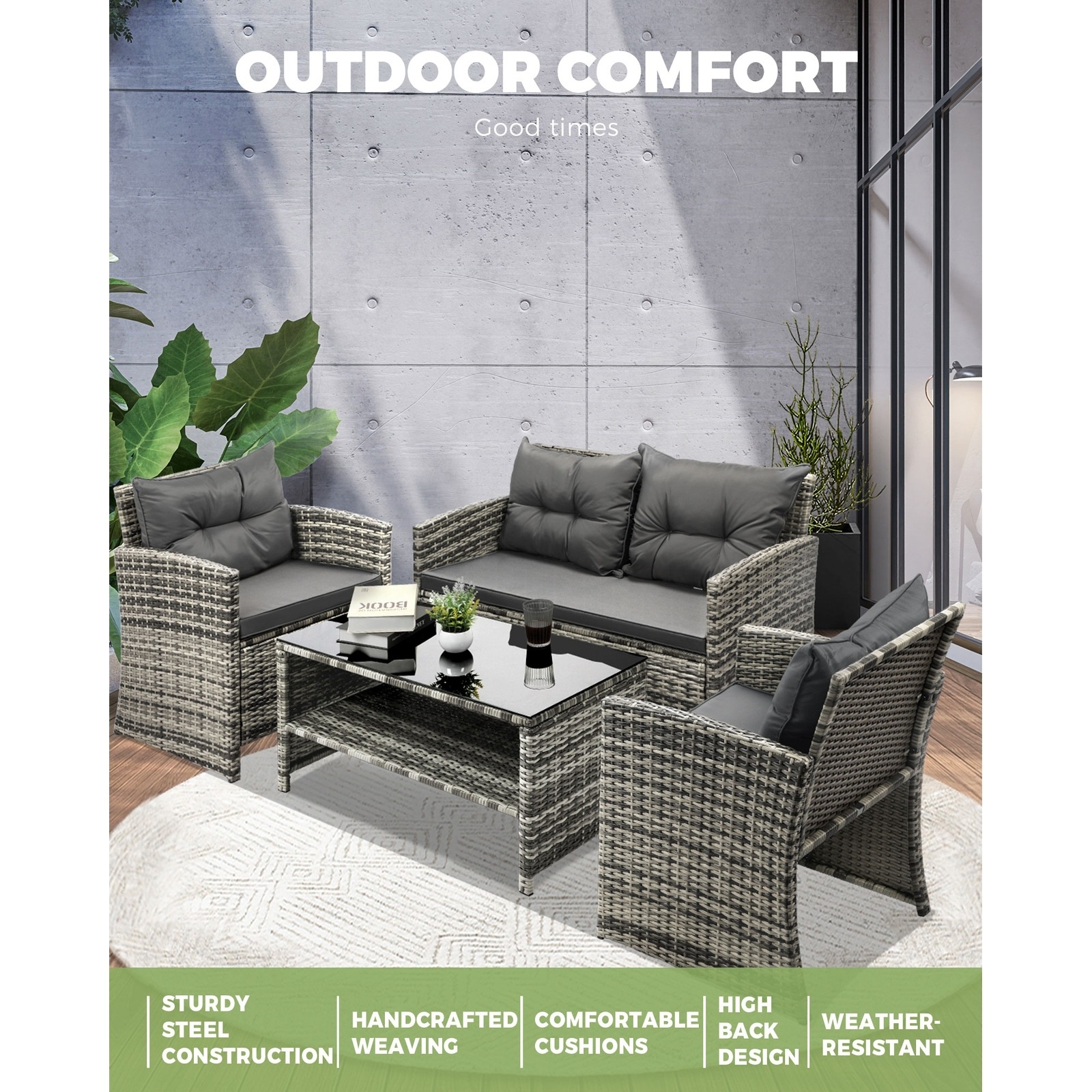 Livsip Outdoor Furniture 4 PCS Outdoor Lounge Setting Patio Wicker Sofa Set