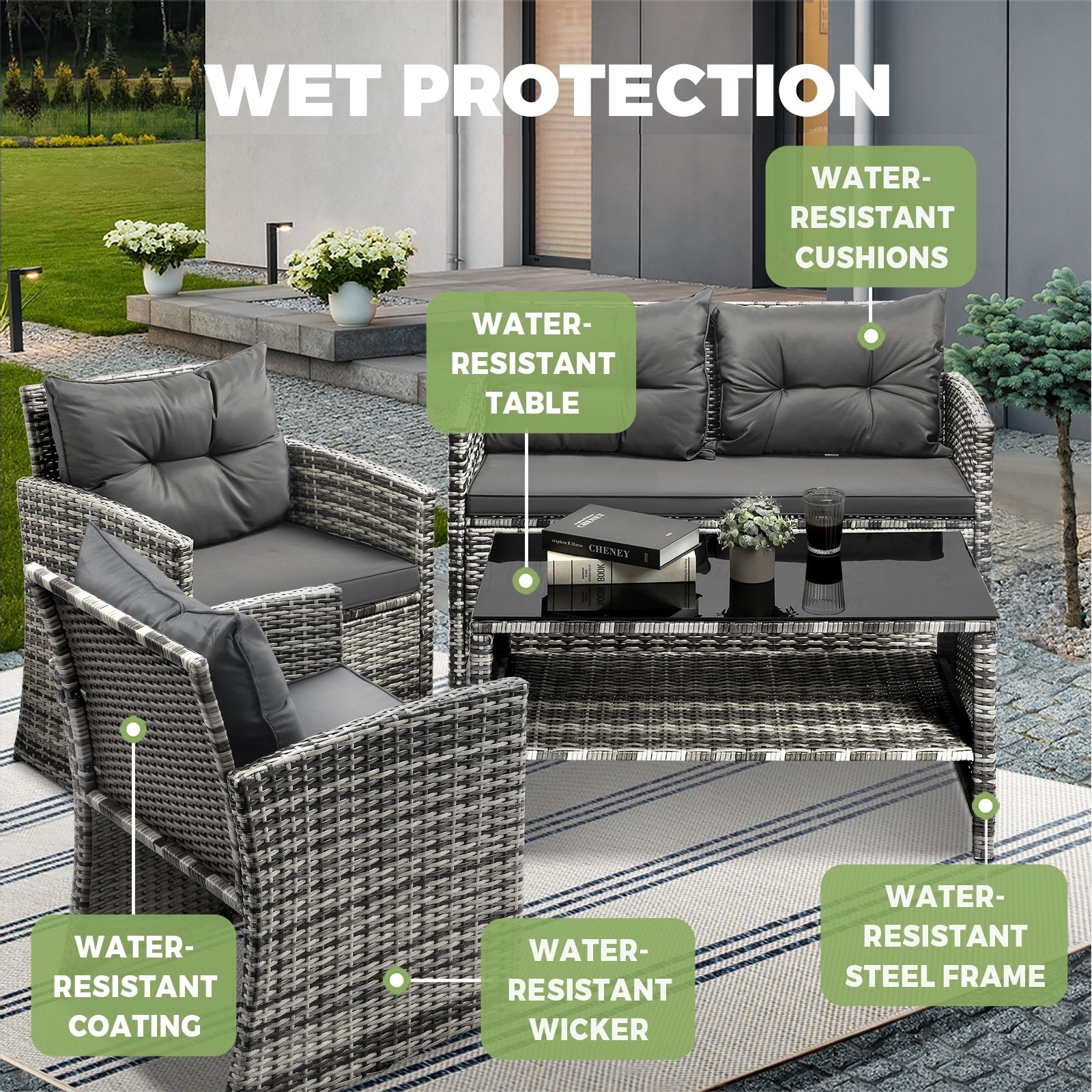 Livsip Outdoor Furniture 4 PCS Outdoor Lounge Setting Patio Wicker Sofa Set