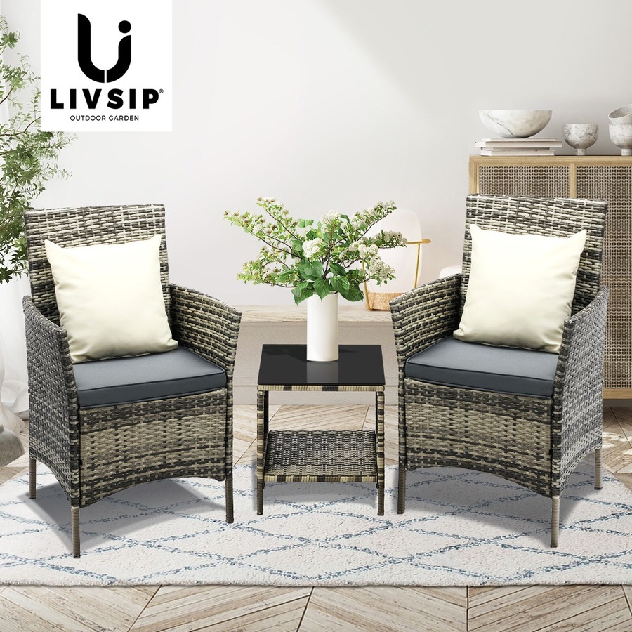 Livsip Outdoor Furniture Set 3 Piece Wicker Outdoor Chair and Table Garden Furniture Setting