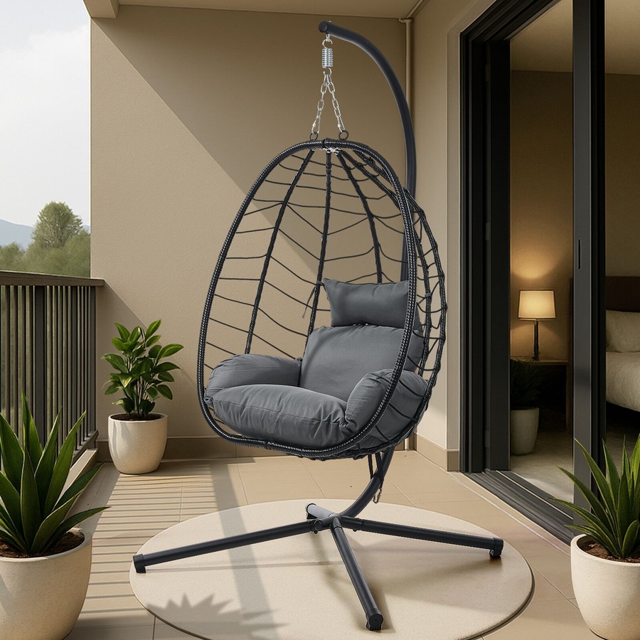 Livsip Outdoor Hanging Chair Egg Swing Chair Rattan Furniture Pod Stand Black