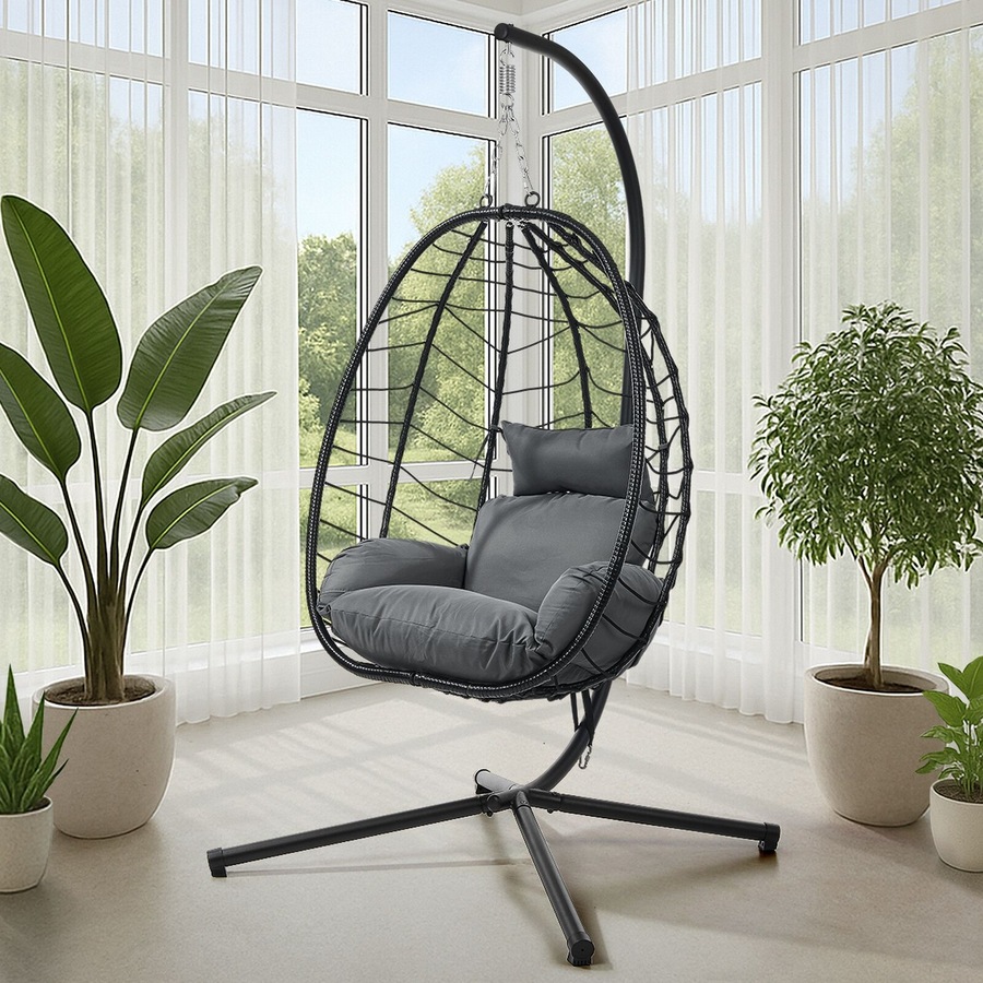 Livsip Outdoor Hanging Chair Egg Swing Chair Rattan Furniture Pod Stand Black