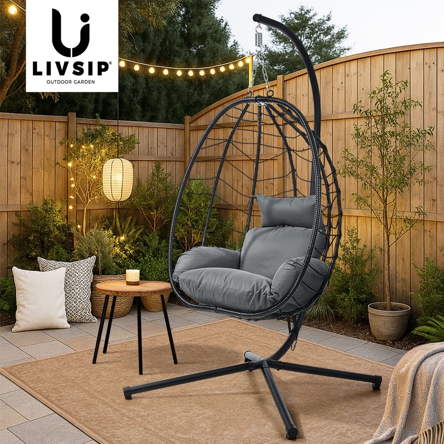 Livsip Outdoor Hanging Chair Egg Swing Chair Rattan Furniture Pod Stand Black