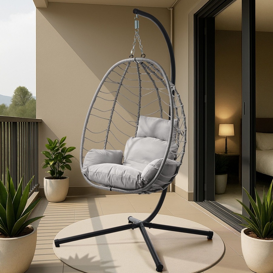 Livsip Outdoor Hanging Chair Egg Swing Chair Rattan Furniture Pod Stand Grey
