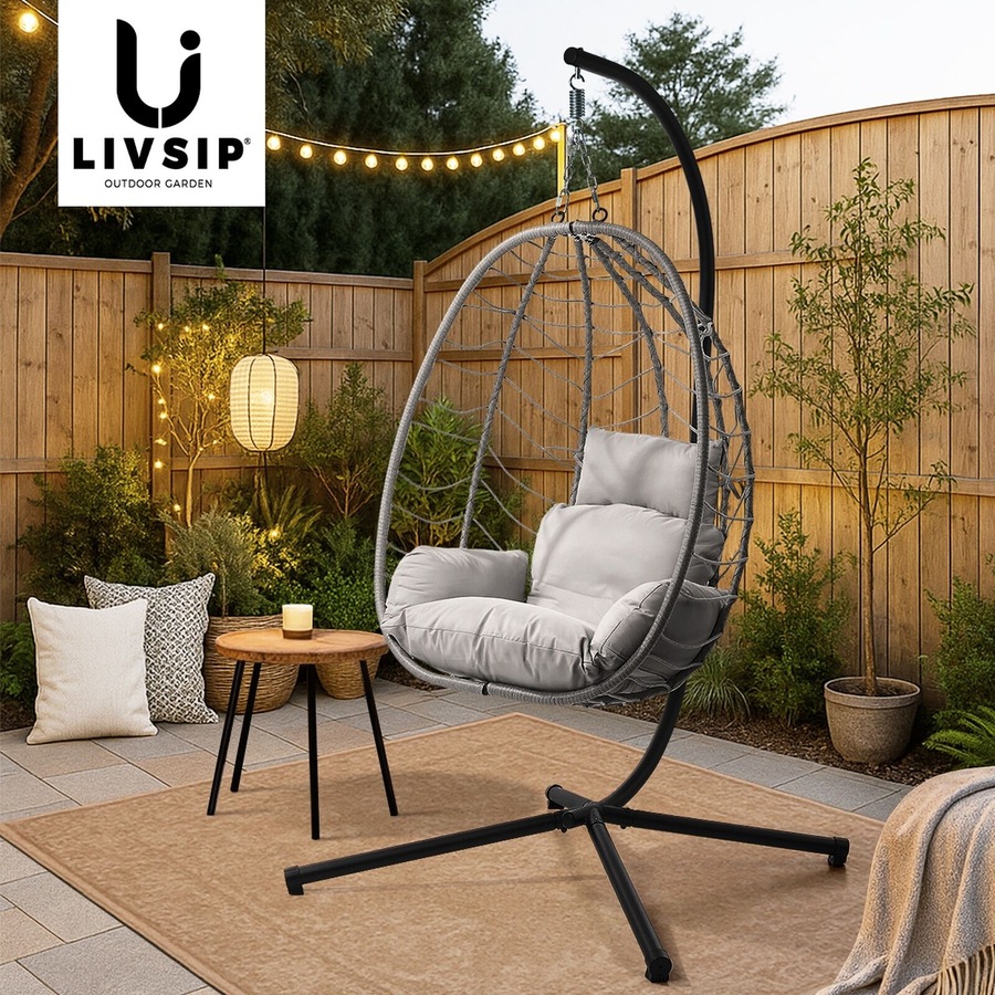 Livsip Outdoor Hanging Chair Egg Swing Chair Rattan Furniture Pod Stand Grey
