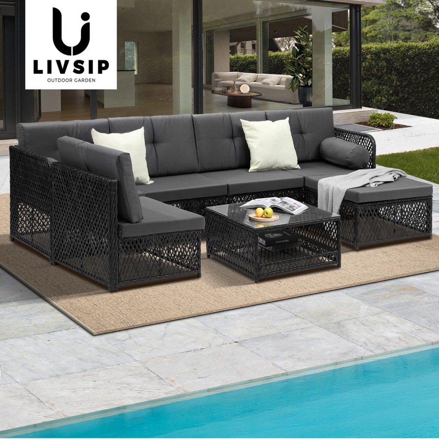 Livsip Outdoor Sofa Set 6 Seater Wicker Rattan Lounge Setting Patio Furniture