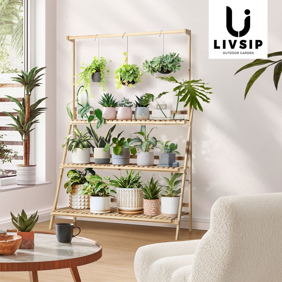 Livsip Plant Stand Outdoor Indoor Wooden Flower Pots Rack Corner Planter Shelf