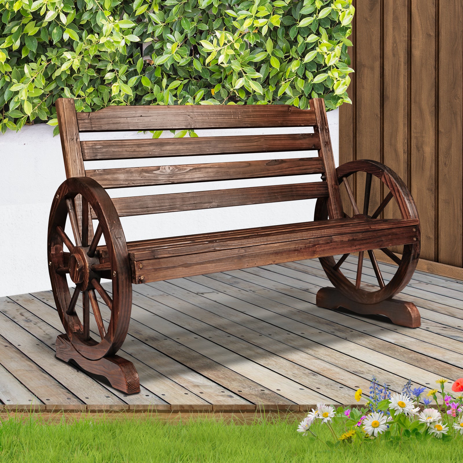 Livsip Wooden Garden Bench Wagon Chair Seat Outdoor Patio Furniture Lounge Wheel