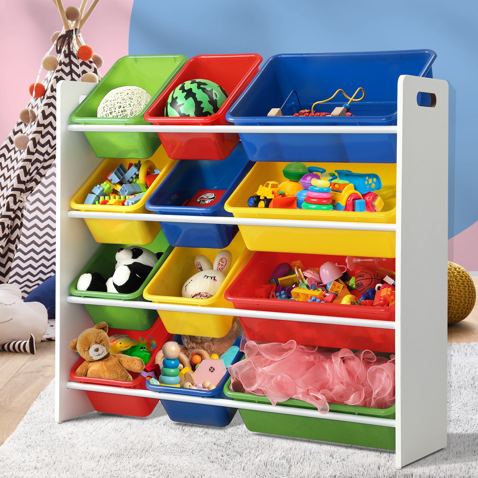 Oikiture 12 Bins Kids Toy Storage Box Organiser Bookshelf Children Drawer Rack Drawer