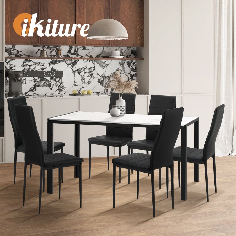 Oikiture 140cm Dining Table Rectangular Kitchen Table with Metal Leg White&Black