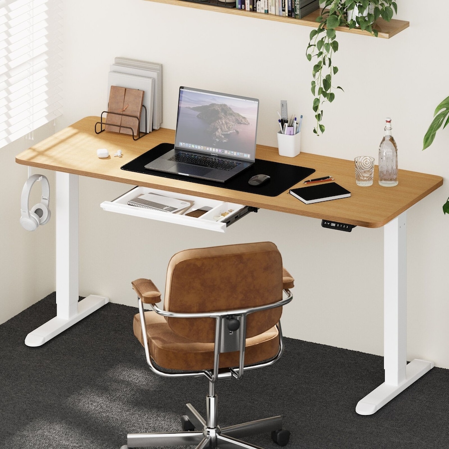 Oikiture 160cm Standing Desk With Drawer Motorized Adjustable White Oak